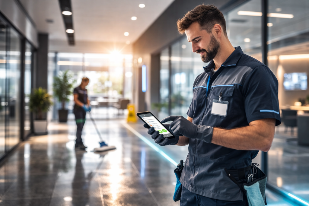 Gebäudereininger beim digitalen erfassen von Zeiten