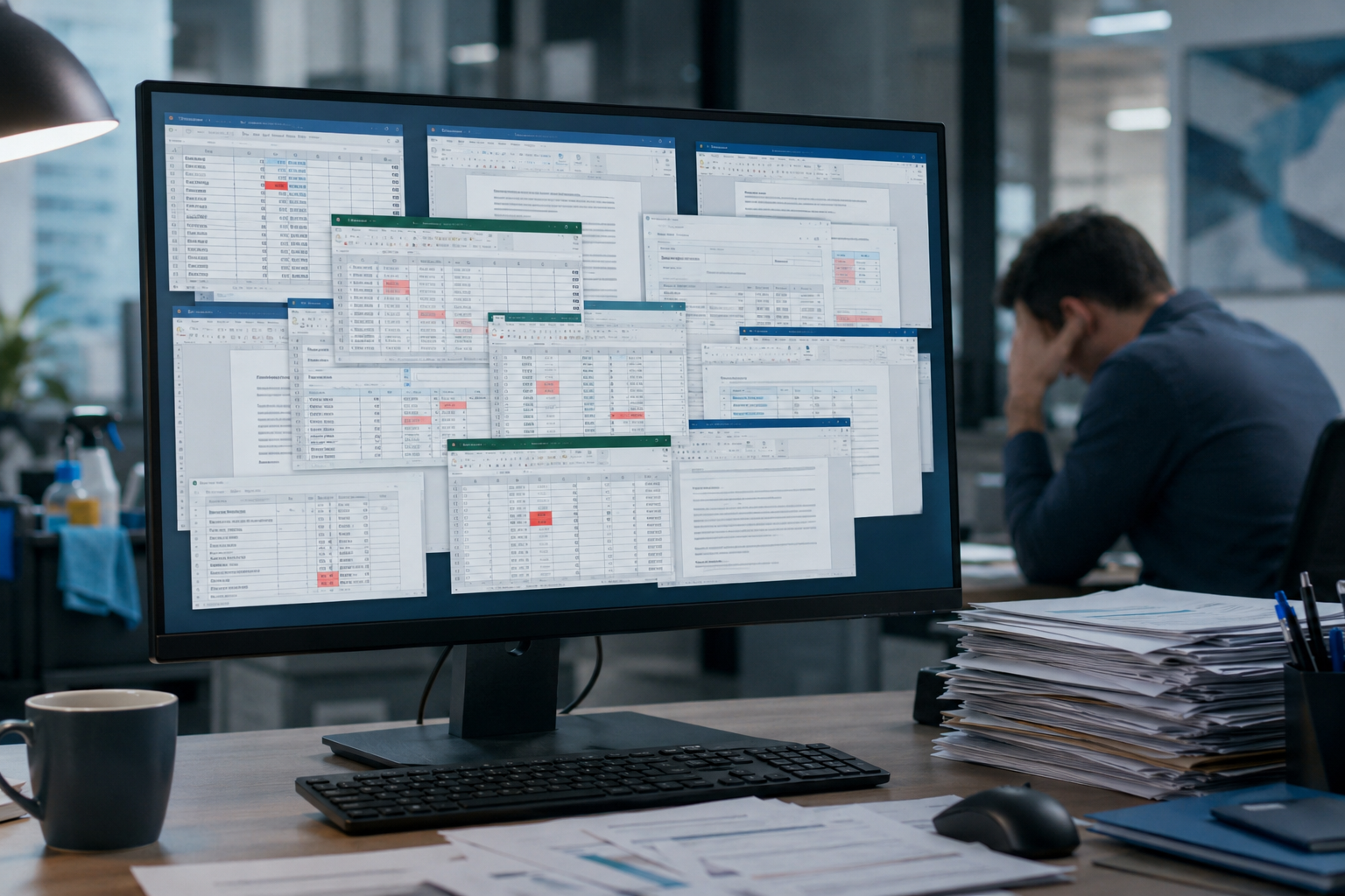 Viele gleichzeitig geöffnete, widersprüchliche Excel- und Word-Dateien, überforderte Büroperson