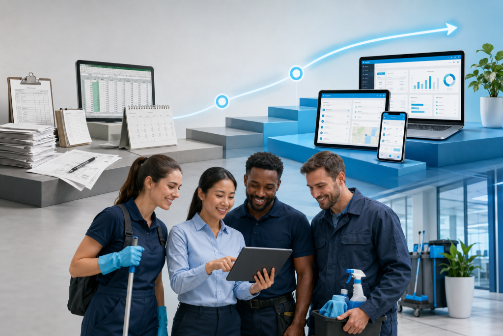 Schrittweiser Umstieg von Excel und Papier zu ERP, Team aus Büro und Außendienst am Tablet