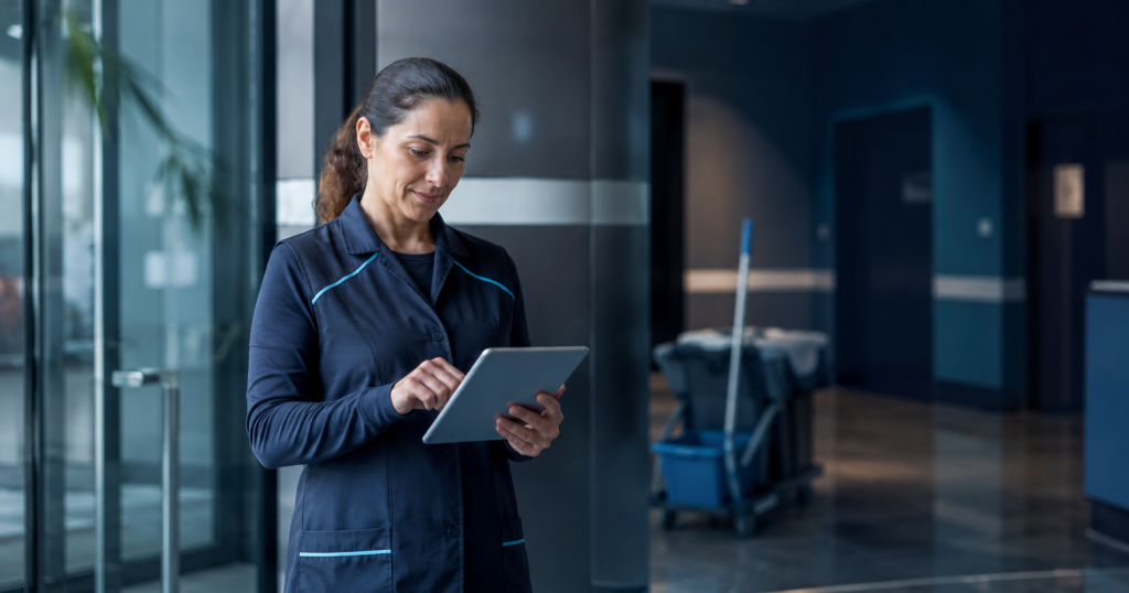 Service-Mitarbeiter mit Tablet am Objekt – digitale Außendienst-Prozesse
