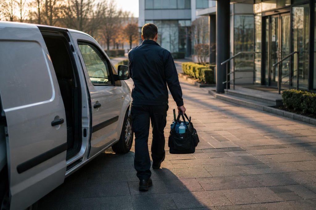 Servicemitarbeiter geht mit Reinigungstasche vom Firmenfahrzeug zum Objekt – Wegzeit als Kostenfaktor