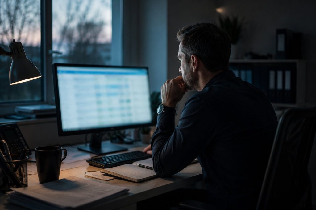 Betriebsleiter wertet abends am Monitor die Kennzahlen pro Objekt aus