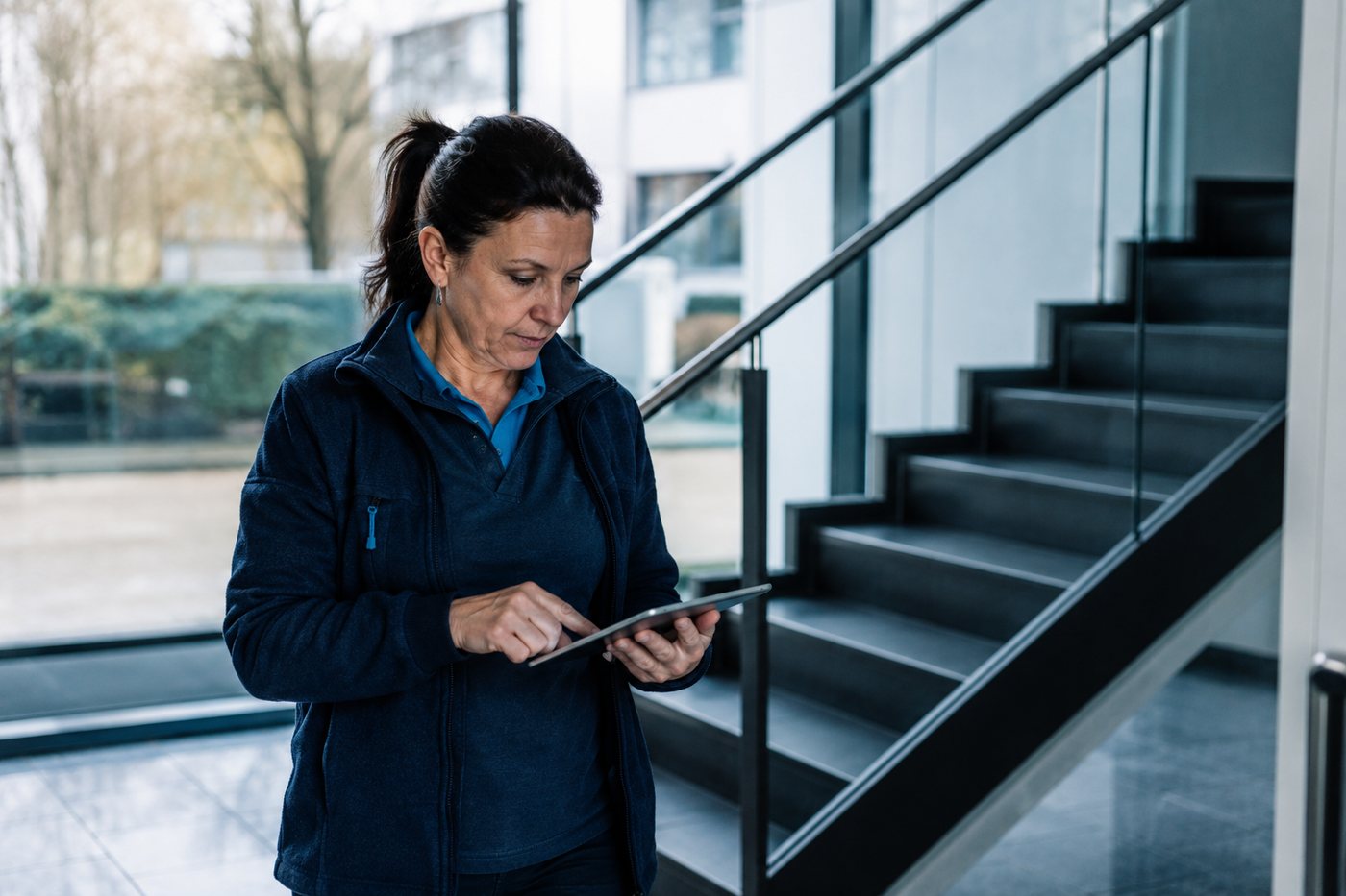 Objektleiterin prüft die Objektstunden mobil am Tablet im Treppenhaus eines Bürogebäudes