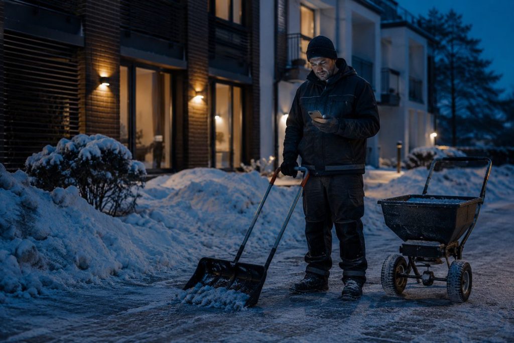 Mitarbeiter ruft den geplanten Winterdienst-Einsatz mobil am Smartphone ab