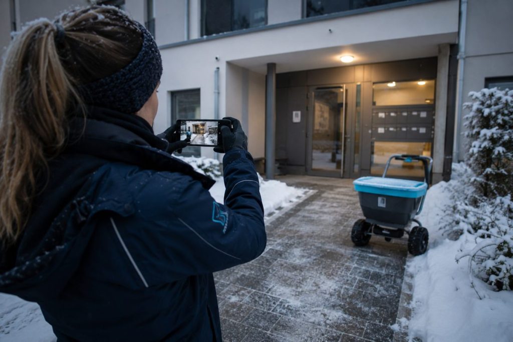 Mitarbeiterin fotografiert die geräumte und gestreute Fläche als Nachweis mit dem Smartphone