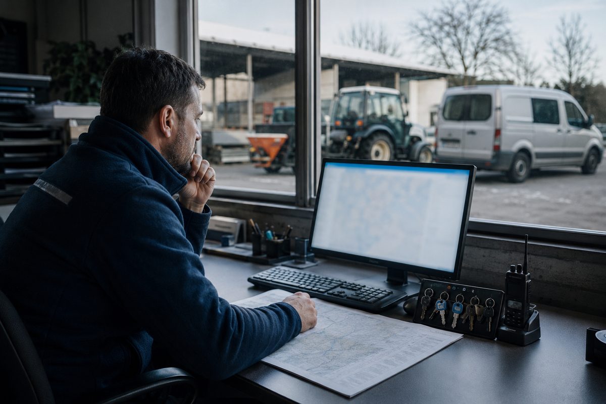 Disponent plant Winterdienst-Touren am Bildschirm im Büro mit Blick auf den Fuhrpark