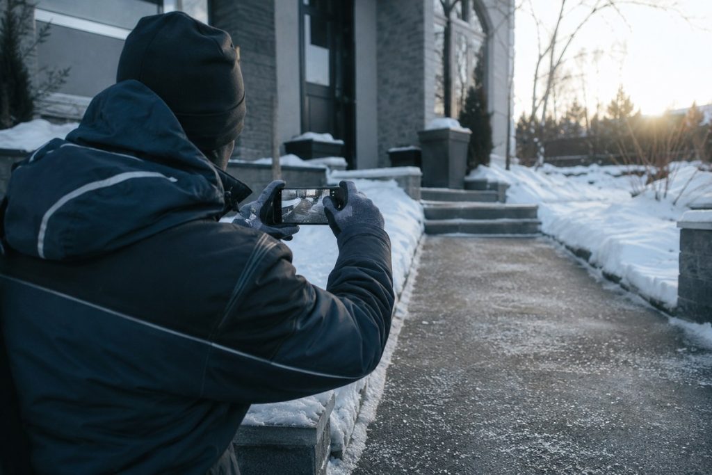 Mitarbeiter fotografiert die geräumte Fläche als Winterdienst-Nachweis