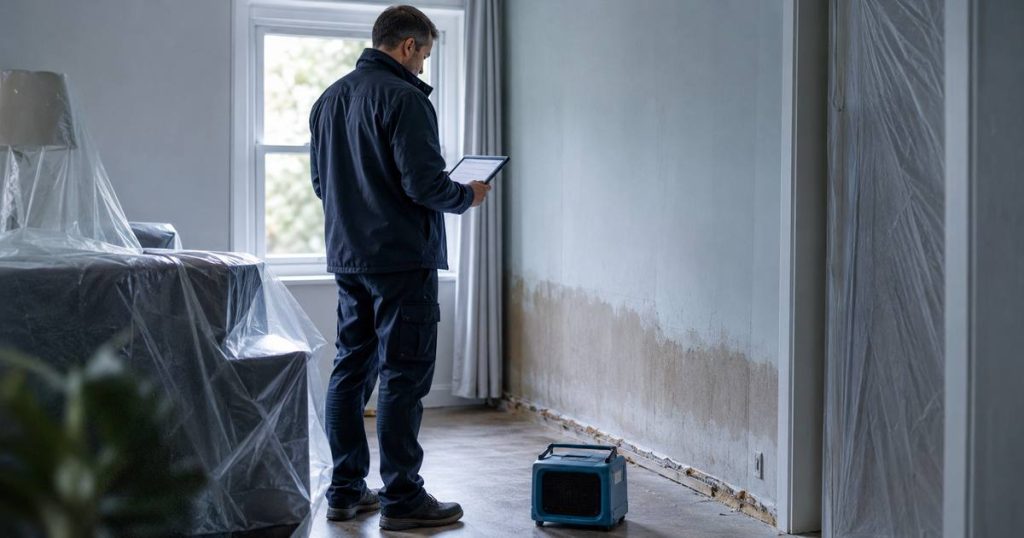 Techniker nimmt einen Wasserschaden direkt im Objekt digital auf
