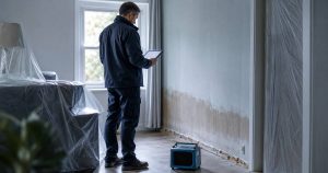 Techniker nimmt einen Wasserschaden direkt im Objekt digital auf
