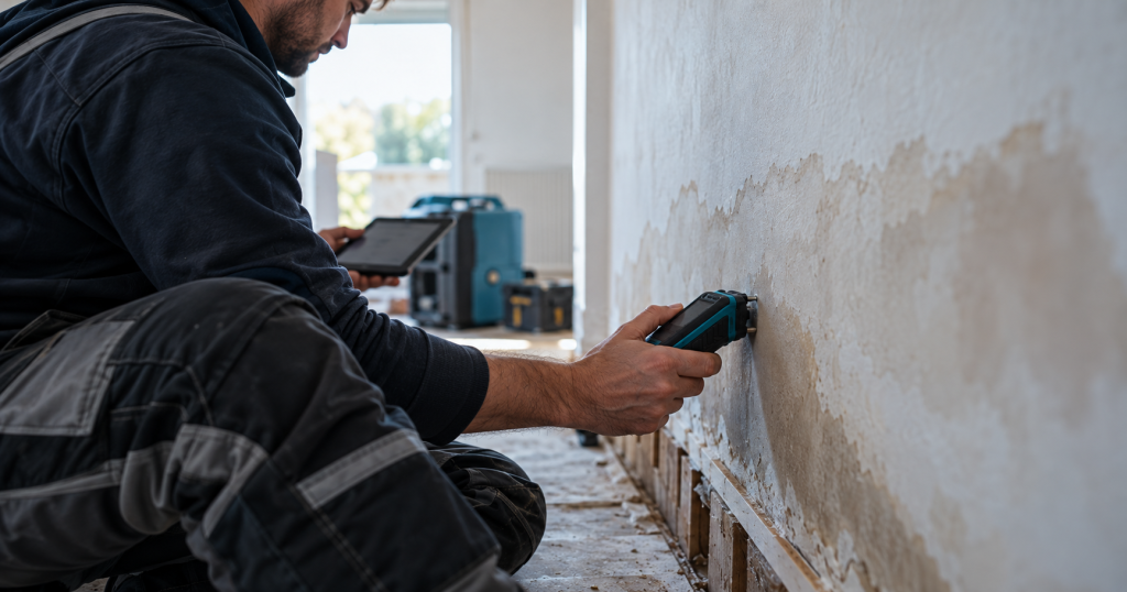 Techniker dokumentiert einen Wasserschaden digital am Tablet vor Ort